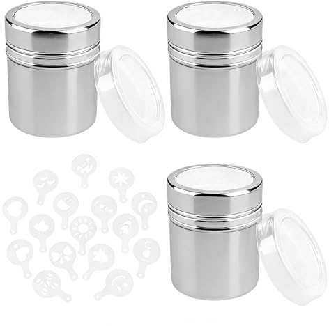 3Pcs Stainless Steel Powder Shaker Set with 16 Piece Coffee Stencils, Flour & Icing Sugar Shaker for Baking Cocoa Cinnamon Dispenser for Coffee