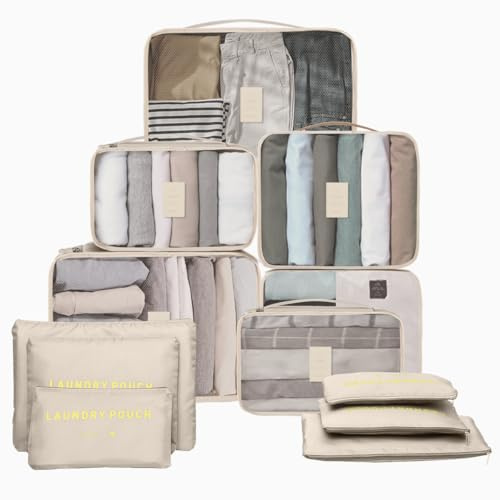 12 Teilige Packing Cubes, Koffer Organizer Travel Accessories Kofferorganizer Set Kleidertaschen Packwürfel Kosmetik Travel Organizer Packtaschen für Koffer-BEIGE