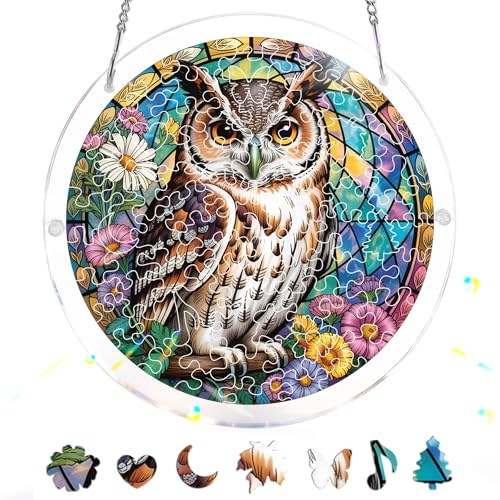 Pavemlo Acryl Sonnenfänger Puzzle 83 Teile, DIY Handwerk Eule Doppelseitige Glasmalerei Fensterkunst mit Kette, Achtsames Geschenk für Mutter, Heimdeko 18 cm F276