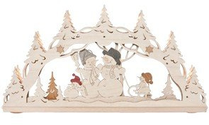 Erzwelt Original Erzgebirge Lichterbogen 3D Schwibbogen Schneemannfamilie im Wald 7 Kerzen, Holz, Beige, 32 x 56 x 5 cm
