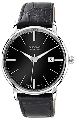 Dugena Herren-Armbanduhr 7000180 Festa, Quarz, schwarzes Zifferblatt, Edelstahlgehäuse, Saphirglas, Lederarmband, Dornschließe, 5 bar