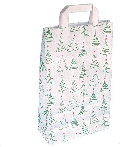 Papiertragetaschen Weihnachtstragetaschen Papiertüten Weihnachten Weihnachtsmotiv Weihnachtsbäumchen grün rot mit Flachhenkel weiß 70 g/qm (22 +10 x 36 cm, 250 Stück)