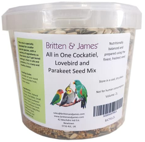 Britten & James Best All in One Seed Mix for Cockatiels Lovebirds & Parakeets 2L Tub (1.6kg). The best all in one mix. Nutritionally balanced. Prepared using the finest seed