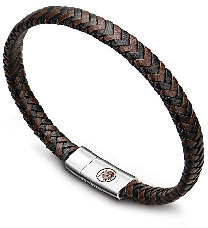 Casisto.J Pulsera Cuero Hombre - Pulsera Trenzada Hecha a Mano clásica en Negro y marrón con Cierre magnético Grabado Joyas Gratis en Caja