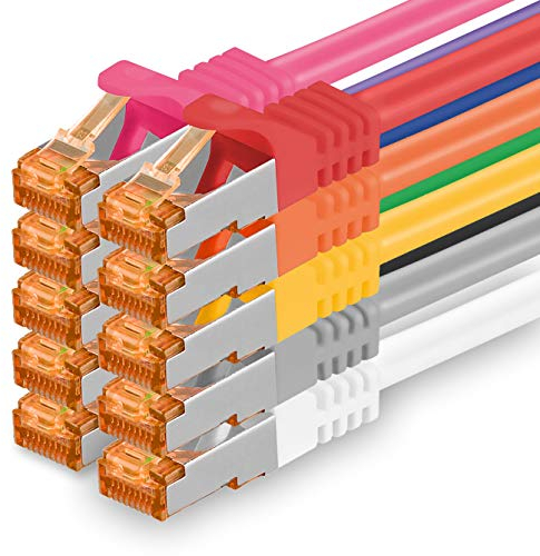 1aTTack.de 1m - Cat.7 Netzwerkkabel 10-Farben - 10 Stück Gigabit Ethernet LAN Kabel 10000 Mbit s Patchkabel Cat7 Kabel S FTP PIMF Schirmung LSZH Cat.7 Rohkabel Rj45 Stecker Cat 6a - 10 x 1 Meter