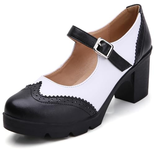 DADAWEN Women's Chunky Low Block Heels Mary Jane Closed Toe Work Pumps Comfortable Round Toe Oxfords Dress Wedding Shoes Black/White US Size 9