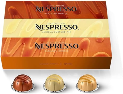 Nespresso Vertuo Barista Creations Vanilla Custard Pie, Caramel Cookie, Hazelino Muffin, 30 Capsules
