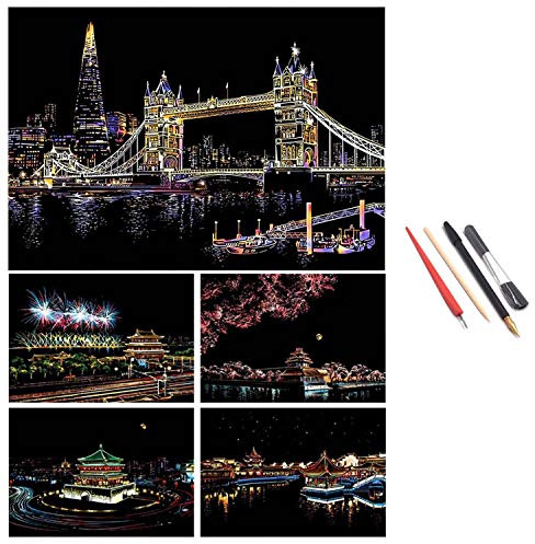 Scratch Art for Adults Kids,Engraving Art Etch Art Scraper Foil Art Paper Holographic Painting Pictures for Adults Kids,Creative Gift Set for Children,Friends,Family with 4 Tool Set(Tower Bridge)