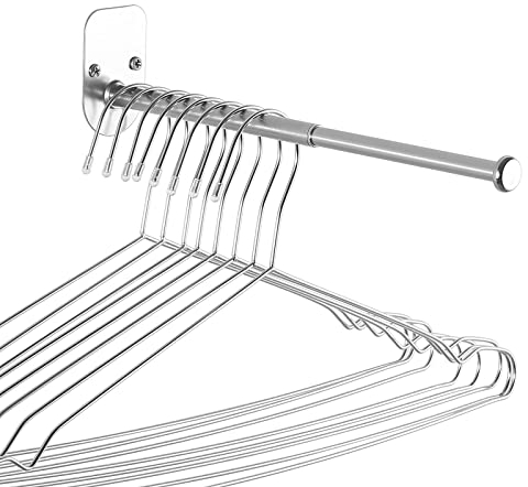 XINYUWIN 1PCS Stainless Steel Retractable Clothes Hanger Storage, Clothes Hanger Storage Organizer,Coat Rack Organizer Wall Mount Adhesive OR Drilling Installation silver(Length 13.7)