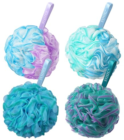 SYHZC Large 75g Loofah, Shower Puff for Women and Men, Mesh Pouf, Soft Shower Pouf, Bath Scrunchie, Multi Pack Body Puff, Exfoliating Bath Sponge for Adults - Loofa Set of 4 Flower Color