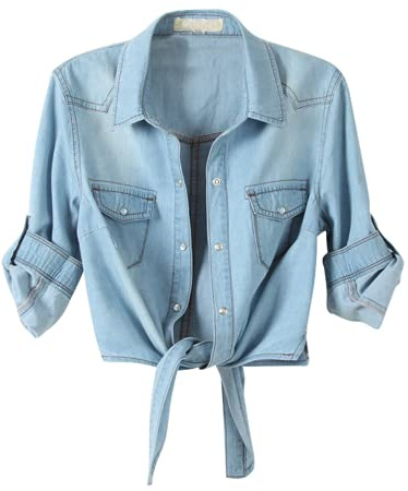 SeekMe Womens Denim Shirts Tie Front Crop Top Button Down Chambray Jean Shirts - Blue - Large