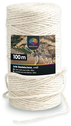 OfficeTree 100m Jutegarn 2mm Weiß - Bastelschnur Weiß - Kordel Weiß - Juteband Weiß für Garten Dekoration oder Basteln - Weiße Kordel - Weisse Schnur als Makramee Garn Weiß 2mm - Jute Twine