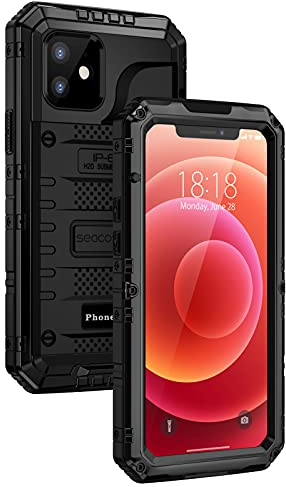 seacosmo iPhone 12 Wasserdicht Hülle, Militärstandard Schutzhülle mit Eingebautem Displayschutz Stoßfest Metall Handyhülle für iPhone 12, Schwarz