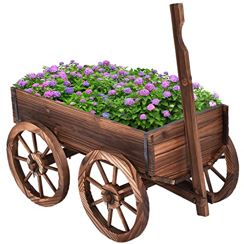 GYMAX Fioriera in Legno di Abete, Porta Piante a Forma di Carrello, con Manici Regolabili e 4 Ruote, Ideale per Giardino e Cortile, 75 x 43 x 54 cm