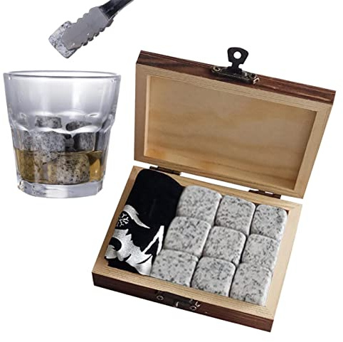 Whisky-Stein-Geschenk-Set mit 9 natürlichen Specksteinen und Granit Kühlsteine mit stilvoller Holzbox und kostenlosem Samtbeutel, Vatertagsgeschenk, Geburtstagsgeschenk für Vater, Freund, Ehemann