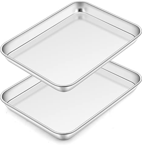Homikit bakplåt, 2 stycken miniugnsplåtar i rostfritt stål, rektangulär ugnsskål för bakning stekning, servering, hälsosam, diskmaskinssäker, 23 x 17 x 2,5 cm