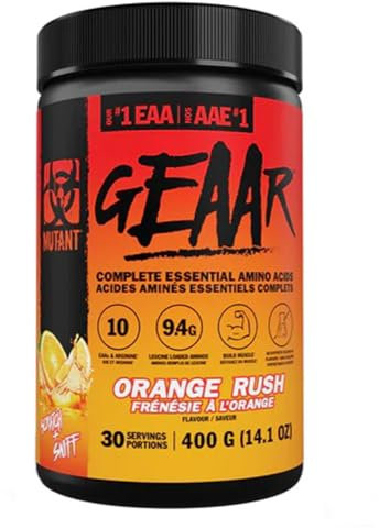 MUTANT GEAAR | 9.4g of EAA Powder + Arginine, 7g BCAAs, 4g Leucine, Electrolytes, Coconut Water, No Artificial Colours or Flavours | 30 Servings | Orange Rush