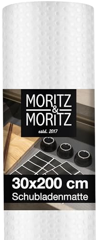 Moritz & Moritz transparente Schubladenmatte 30cm breit – Antirutschmatte Schubladen 30x200 cm – Als Schubladeneinlage Küche oder Schrankfolie – Inkl. 10 Tafelaufkleber