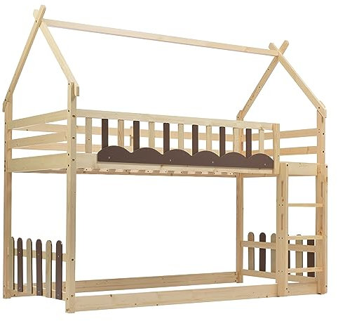 kubeier Hochbett 90x200cm, Etagenbett mit Treppe und Zäune Stockbett für 2 Kinder, Kiefernholz Kinderbett Jugendbett, Lattenrost, Rausfallschutz, für Jungen & Mädchen, Natur