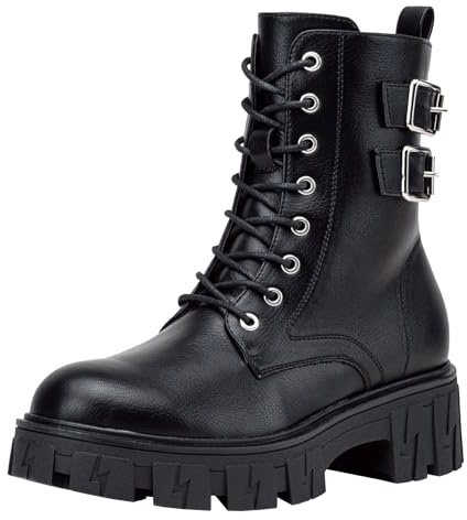 Vepose Women's 9612 Combat Boots, Platform Ankle Booties Lace up Lug Sole, Black, Size 8M US(CJY9612 Black 08)