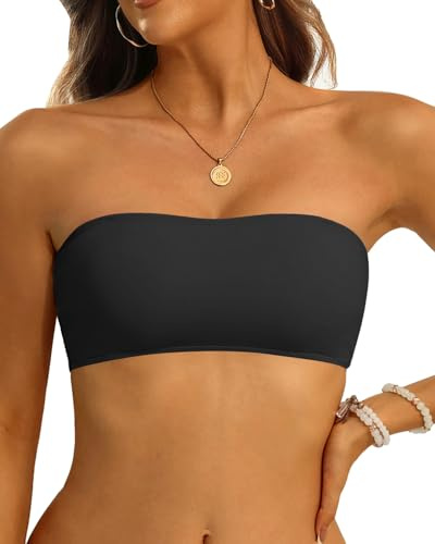 Aqua Eve Women Strapless Bikini Top Only Bandeau Swim Top Tube Top Swimsuit Solid Black L