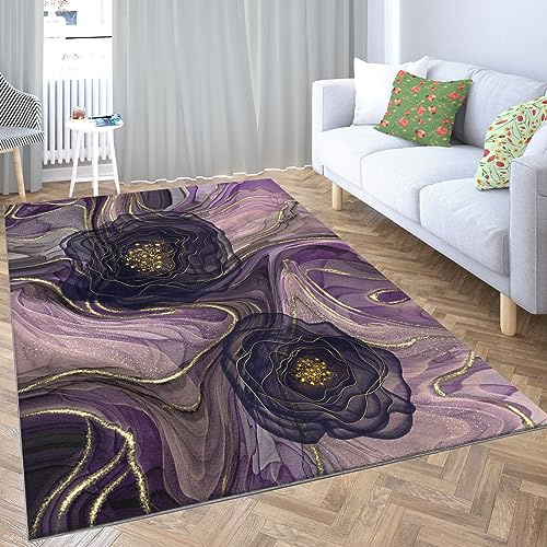 WHUOEUCO Waschbarer Teppich Lila abstrakte Blume 140 x 200cm Wohnzimmer Schlafzimmer teppiche Kurzflor rutschfest Flauschig Weich Moderne groß Teppich