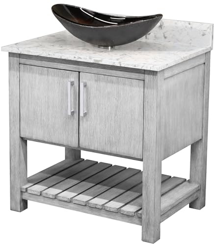 Miseno MV-30SG-NOBV-6001-0088031 30 Free Standing Single Basin Vanity Set with Cabinet, Oval Glass Vessel Sink and Quartz Vanity Top - Stonewash Grey/Cafe Mocha Top/Brushed Nickel Hardware