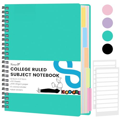 Koogel Green 5 Subject Spiral Notebook with Tabs, 200 Pages College Ruled Perforated 3-Hole Punched, 26.8 x 19.5 cm Hardcover Journal for School & Office
