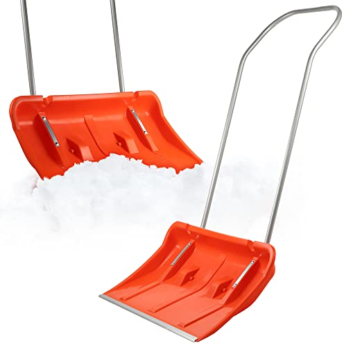 ALEjon Schneeschaufel mit Aluminiumkanten, breite Schneeschaufel mit Rädern, Schaufel mit Metallgriff, Schneeschaufel mit Kunststoffklingen, Schneeräumer (Orange)