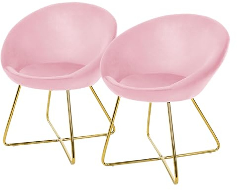 ML-Design matsalsstolar set om 2 sammet, rosa, vardagsrumsstol med runt ryggstöd, stoppad stol med gyllene metallben, ergonomisk matbordsfåtölj, köksstol skalstol sminkbordsstol