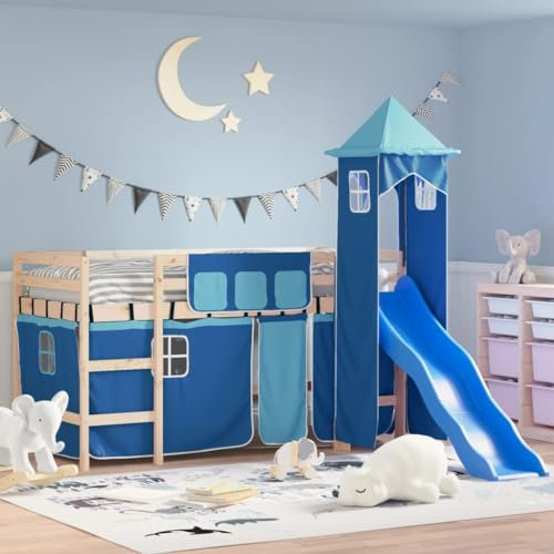 Festnight Hochbett Kinder mit Rutsche Leiter Spielbett mit Turm Kinderbett 80x200 cm Kinderhochbett Vorhang Etagenbett Hausbett Holzbett Einzelbetten Jugendbett Bettgestell Rutschbett Halbhochbett