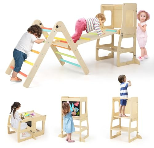 GYMAX 7 in 1 Kids Climbing Set, Indoor Toddler Climbing Frame with Reversible Ramp, Convertible Step Stool & Chalkboard, Wooden Foldable Children Climber for 3-14 Years Old Boys Girls (Colorful)