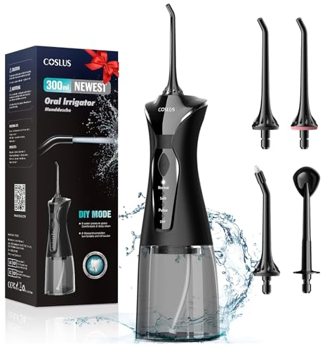COSLUS Water Teeth Flosser Picks: 4 Modes Cordless Irrigator 300ML Portable Electric Flossing Machinerie for Teeth Cleaning Rechargeable Waterproof Tooth Pick Set Cleaner for Travel Home C30(FC5360)
