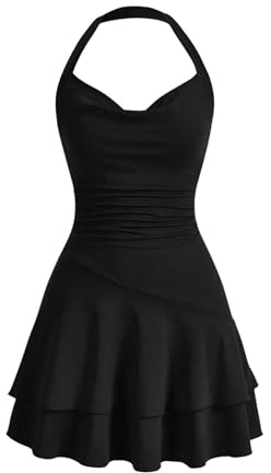SweatyRocks Damen A Linien Kleid Neckholder Kleid mit Rüschen Ärmelloses Sommerkleid Mehrschichtiges Minikleid Freizeitkleid Schwarz XS