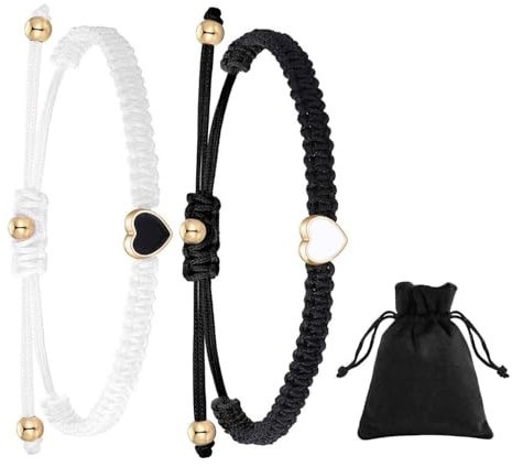 2 Stück Schwarz-Weiße Liebesarmbänder, 1 Stück Schwarzer Samtbeutel, Freundschaftsarmband für Mädchen und Kinder, Armband im Bohemian-Stil