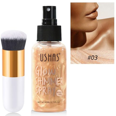 Shimmer Body Oil, Liquid Highlighter Makeup, Non-Sticky Face & Body Shimmer Liquid Spray, Glitter Glow Lotion, Lightweight Moisturizing Skin Highlighter, Makeup Brush Include (Rose Gold)