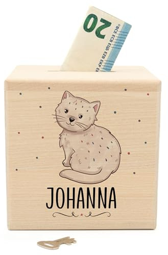 Muckelmeister Spardose Kinder Personalisiert mit Namen aus Holz - Katze | 10x10x10cm, Spardose mit Schloss und Schlüssel, Geschenk Mädchen und Jungen Weihnachten, originelle Geschenke zur Geburt