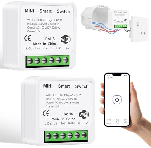 AXFEE Interruttore intelligente, 2PZ Dispositivo Wi-Fi per Automazione Domestica di Luci, Controllo Vocale/Timer, 2.4G wifi, 1 via/2 vie, Compatibile con Alexa Google Home