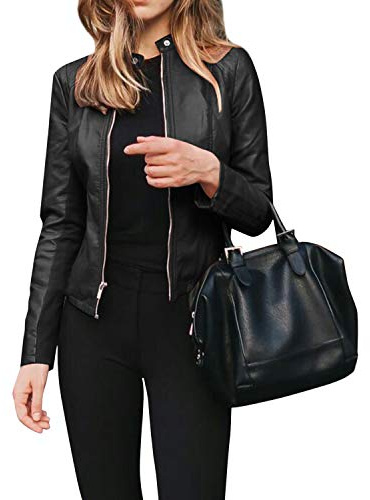 semen Womens Stand Collar Long Sleeve Full Zip Up Faux Leather Moto Jacket Slim Fit Casual Outwear