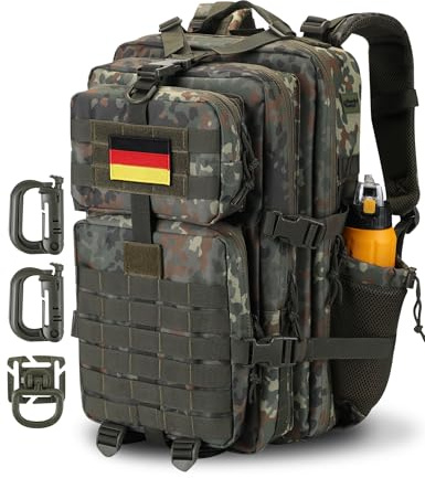 Hannibal Tactical 45L MOLLE Assault Pack, Tactical Backpack Army Military Camping Rucksack with Bottle Holder, 3-Day Pack Travel Trip w/USA Flag Patch, D-Rings, German Flecktarn