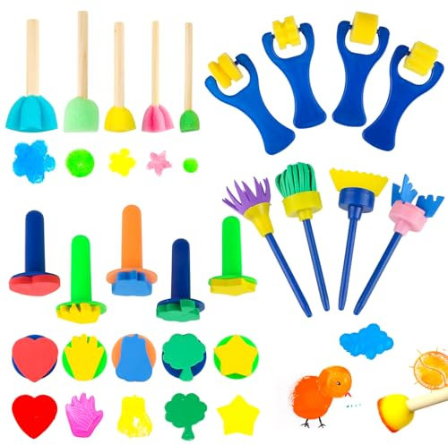 18 Stück Schwammpinsel Set, Farbe Schwammpinsel Kinder, Rolle, Besen, Stempel In Form Schaumstoffpinsel, Stupfpinsel, Malschwamm für Zeichnung, Handwerk, Keramik DIY