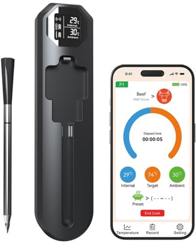 maxtachi Termometro Carne, 150m Bluetooth Termómetro Cocina Digital con Sensor Dual y Aplicación, IP67 a Prueba de Agua Termometro Cocina Tipo-C Meat Thermometer para BBQ, Horno, Grill, Asador, Regalo