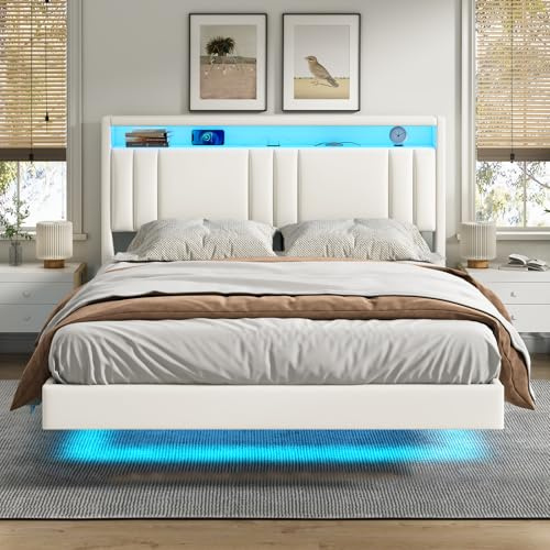 KIMENICH Cama de 140 x 190 cm, Cama tapizada multifunción con Toma USB y luz LED, Efecto Visual Flotante, para Dormitorio, habitación de Invitados, Blanco