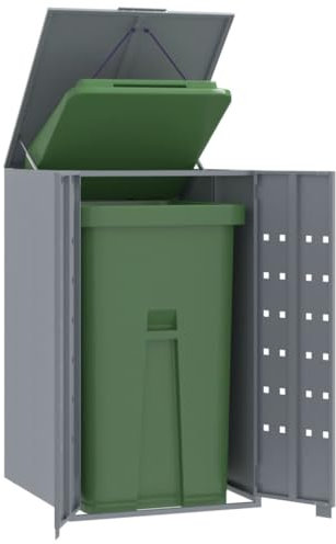 Gecheer Rangement à roulettes pour Poubelles pour bac Unique Gris Acier, Abri Range Poubelle Cache Conteneur Déchets avec Couvercle à Ressort à Gaz et Porte pour Jardin, Terrasse, Extérieur
