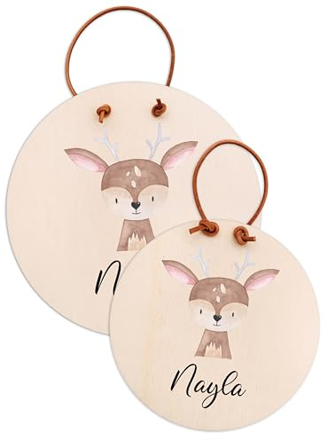 wunderwunsch Türschild Kinderzimmer, Namensschild, Holzschild Kinder personalisiert, Kids and Baby, Deko Babyzimmer individualisiert (Reh, 20cm Durchmesser)