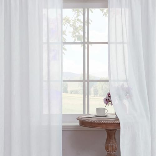 BellaHills Gardinen Leinenoptik Kurz Vorhänge Leinen mit Ösen Fenstervorhang Wohnzimmer Leinenstoff Halbtransparent für Schlafzimmer 2er Set 175cmx140cm (HxB) Weiß
