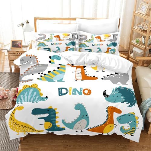 BDKCYO Cartoon Dinosaurier Bettwäsche Set,Bunte Dinosaurier Motiv Druck für Kinder Jungen Mädchen mit kopfkissenbezug und Reißverschluss (200x200cm, B)