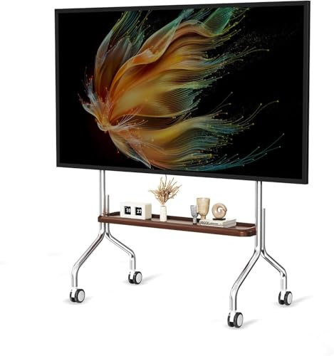TV-bänk med hjul, staffli, rullande TV-stativ för 32–75 tums LCD, LED, OLED, platt skärm, stativ i rostfritt stål med hjul, max 50 kg, VESA 600 x 400 mm (en förvaringshylla i trä, vanlig stil)