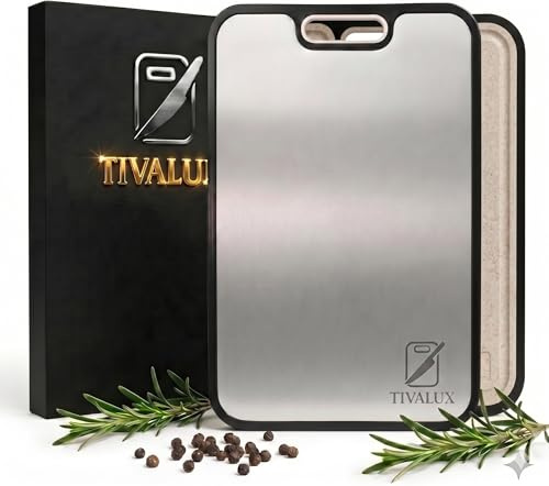 1 Tabla de Cortar Titanio 100% Puro – TIVALUX | Tabla Cocina Titanio 38,5x26,5cm Grande | Certificada LFGB y CE | Doble Cara Antibacteriana | Sin BPA | Trigo Ecológico | Tabla de Cortar Cocina Premium