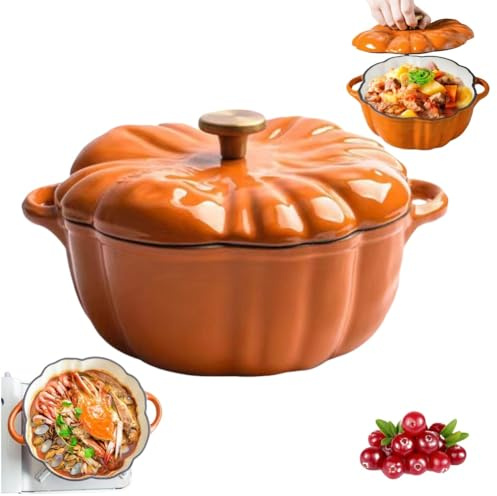 Cocotte en fonte émaillée avec couvercle, 1,59 l, jolie casserole en forme de citrouille pour Halloween, cocotte couverte, passe au four et à la cuisinière, cocotte en citrouille pour décoration